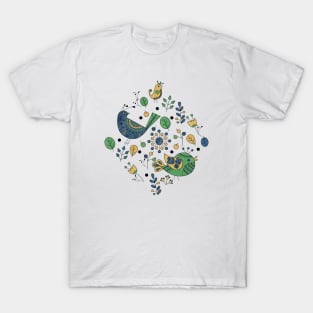 Scandinavian Folklore Blue and Green Birds T-Shirt